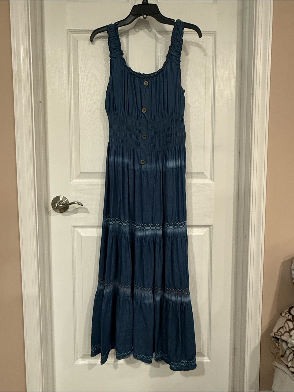 Blue Tiered Button-Front Maxi Dress